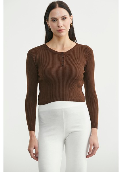 Fitilli Crop Triko Kazak - Kahve