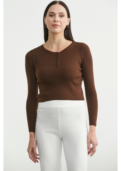 Fitilli Crop Triko Kazak - Kahve fiyatları