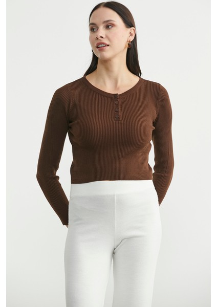 Fitilli Crop Triko Kazak - Kahve modelleri