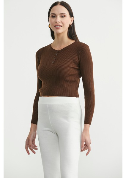 Fitilli Crop Triko Kazak - Kahve fırsatları