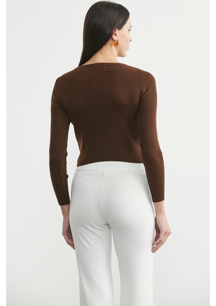 Fitilli Crop Triko Kazak - Kahve indirimleri