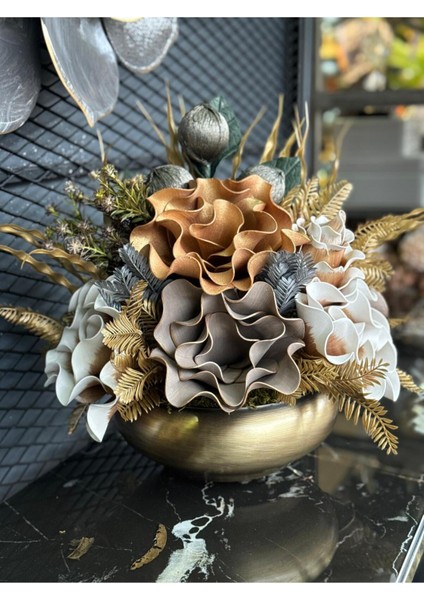 Yapay Çiçek Aranjmalı Antik Yassı Vazo No:2