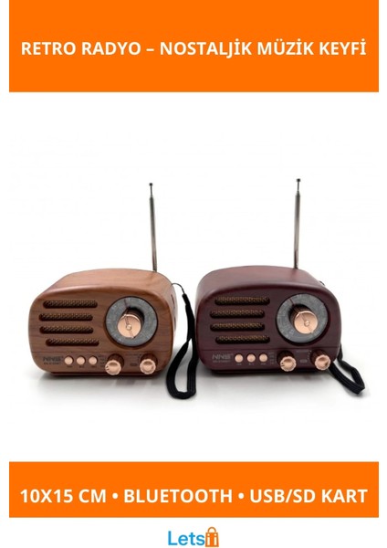 Ahşap Retro Radyo Bluetooth USB Sd Kart Girişli Güneş Enerjili