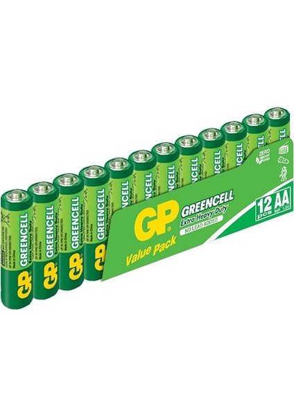 Batteries GP15G Greencell R6P/1215/AA Kalem Pil, 1.5 Volt, 12'li Paket, Yeşil/sarı/beyaz