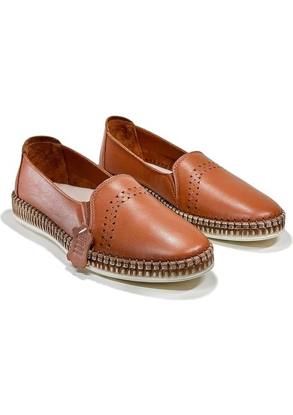 Kadın Delik Desenli Taba Renk Hakiki Deri Babet