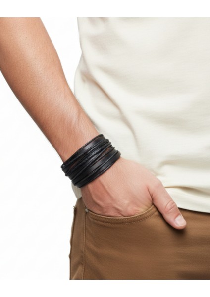 2'li Çok Katmanlı Klasik Tasarım El Yapımı Gerçek Deri Bileklik