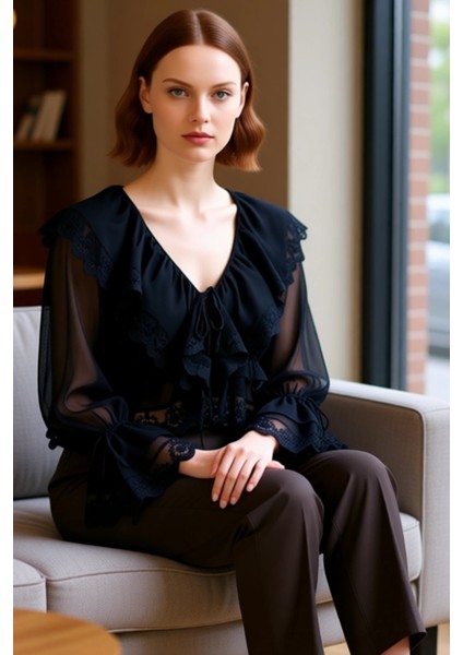 Kadın V Yaka Fırfırlı Şifon Bluz Zarif ve Hafif Tasarım Kaliteli Şık Rahat Modern Zarif Günlük fiyatları