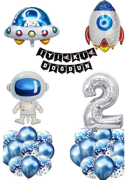 Gitti Uzay Konsepti 2 Yaş Doğum Günü Parti Kutlama Seti; Astronot, Ufo ve Uzay Gemisi Folyo Balon Set