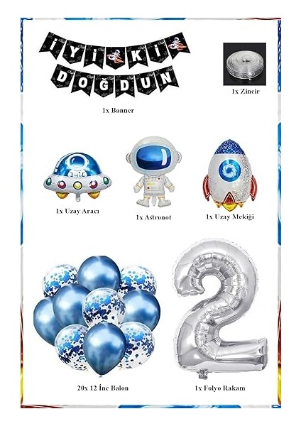 Gitti Uzay Konsepti 2 Yaş Doğum Günü Parti Kutlama Seti; Astronot, Ufo ve Uzay Gemisi Folyo Balon Set fiyatları