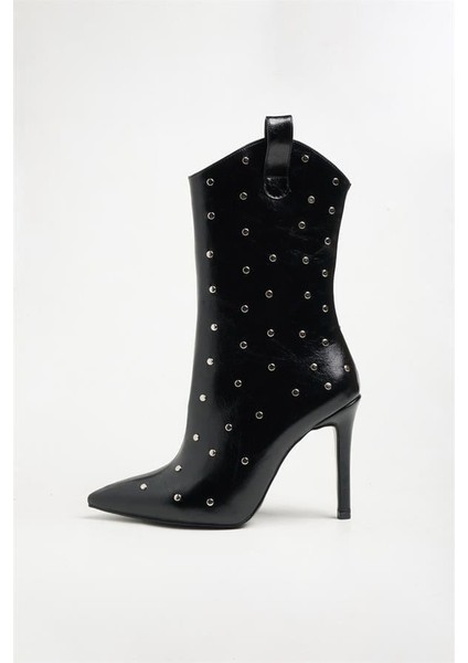 251412 Taş Detaylı Topuklu Bot Siyah Kırışık Rugan