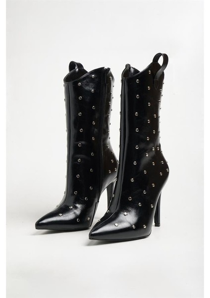 251412 Taş Detaylı Topuklu Bot Siyah Kırışık Rugan fiyatları