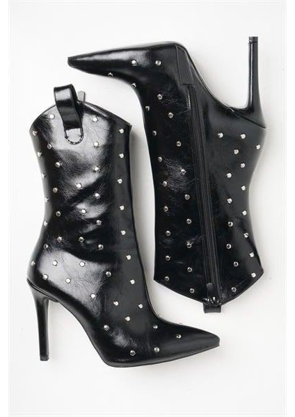 251412 Taş Detaylı Topuklu Bot Siyah Kırışık Rugan modelleri