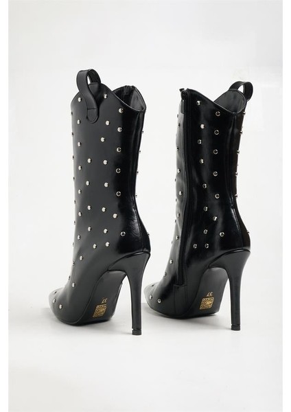 251412 Taş Detaylı Topuklu Bot Siyah Kırışık Rugan fırsatları