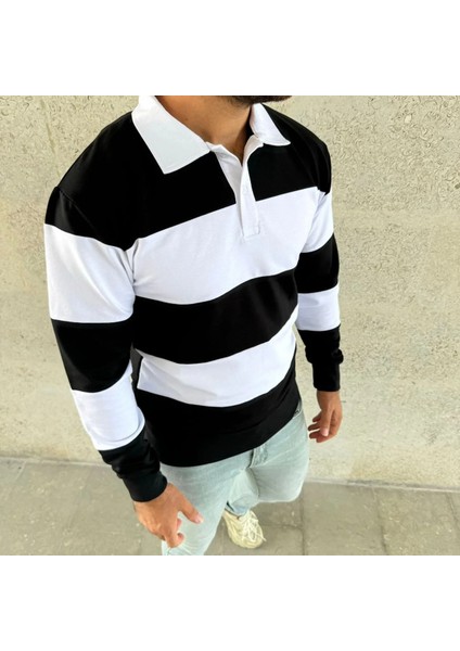 Erkek Polo Yaka Uzun Kollu Çizgili Sweatshirt Trend Rugby Stil - Siyah modelleri