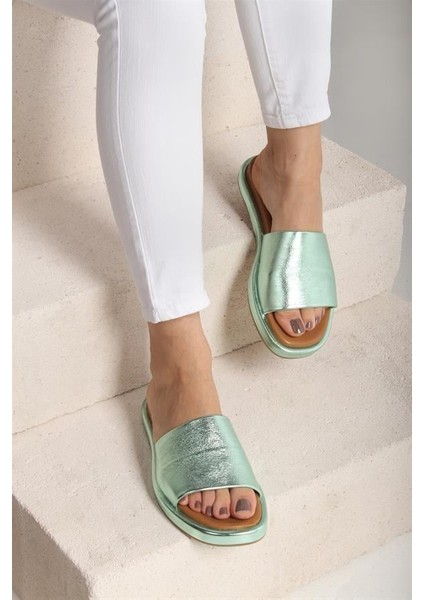 141705 Düz Bantlı Terlik Hakiki Deri Glacier Yeşil