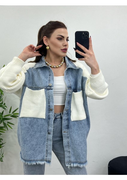 Kadın Beyaz Kolları ve Cebi Trikolu Oversize Denim Kot Garnili Hırka fiyatları