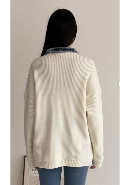 Kadın Beyaz Kolları ve Cebi Trikolu Oversize Denim Kot Garnili Hırka modelleri