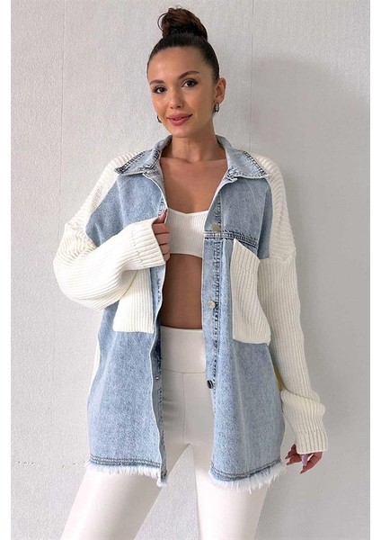 Kadın Beyaz Kolları ve Cebi Trikolu Oversize Denim Kot Garnili Hırka indirimleri
