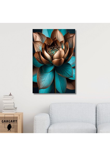 Tekli Dikey Kanvas Tablo Kahverengi Bakır Turkuaz Lotus Çiçeği