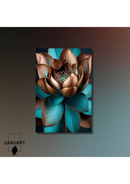 Tekli Dikey Kanvas Tablo Kahverengi Bakır Turkuaz Lotus Çiçeği modelleri