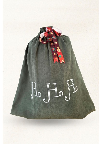 Yeşil Kadife Noel Hediye Kesesi – Nakışlı “ho Ho Ho” Hediye Torbası