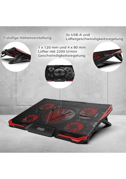 Notebook Soğutucu Stand| 5 Adet Sessiz Fanlı Laptop Soğutma Pedi, 2200 Rpm, Ayarlanabilir Fan Sistemi, Ledli, 14–17 Inç Uyumlu modelleri