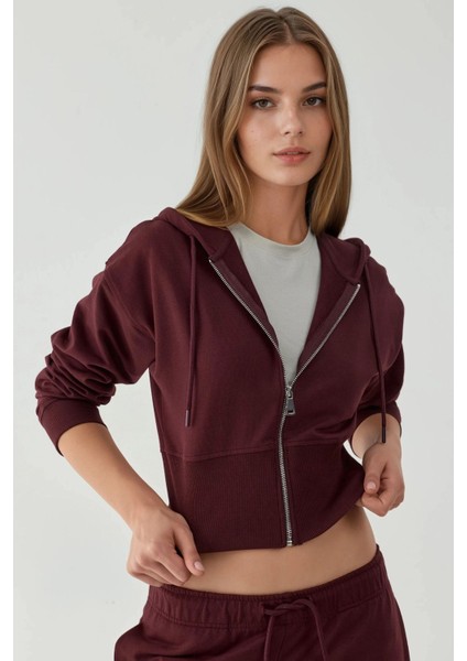 Kadın Fermuarlı Kapüşonlu Sweatshirt Leylak Moru