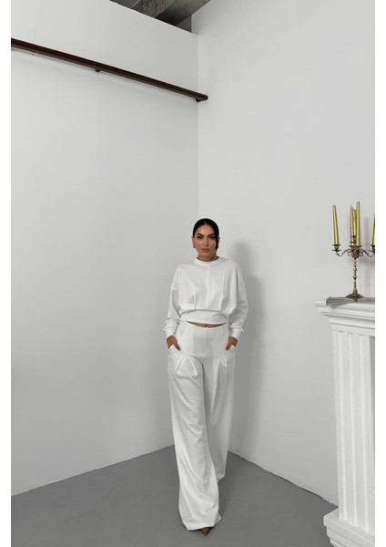 Kadın Dikiş Detaylı Crop Sweat Bol Paça Eşofman Altı Modal Kumaş Ikili Takım NBNP017 fiyatları