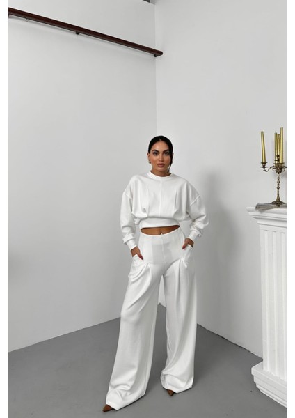 Kadın Dikiş Detaylı Crop Sweat Bol Paça Eşofman Altı Modal Kumaş Ikili Takım NBNP017 modelleri
