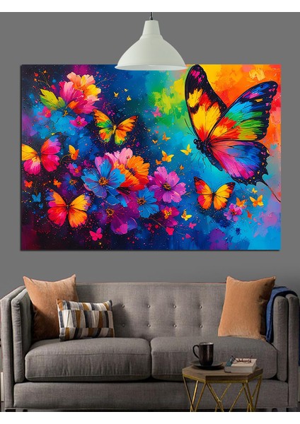 Renkli Kelebek Çiçek Sanat Dekoratif Kanvas - Mdf Ahşap Tablo