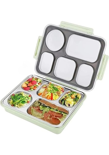 Bento 1600ML Lunchbox Tek Katlı 5 Bölmeli Çelik Sefer Tası Yemek Kutusu (Açık Yeşil)
