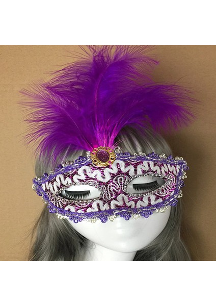 Mor Dantel Işlemeli Mor Tüylü B Parti Maskesi 17X20 cm