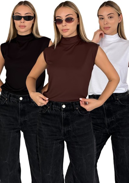 Kadın Sıfır Kol Boğazlı Body 3'lü Set