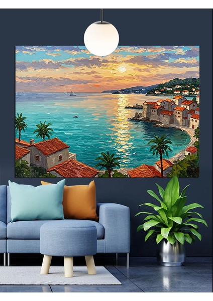 Akdeniz Sahili Kasaba Günbatımı Dekoratif Kanvas - Mdf Ahşap Tablo