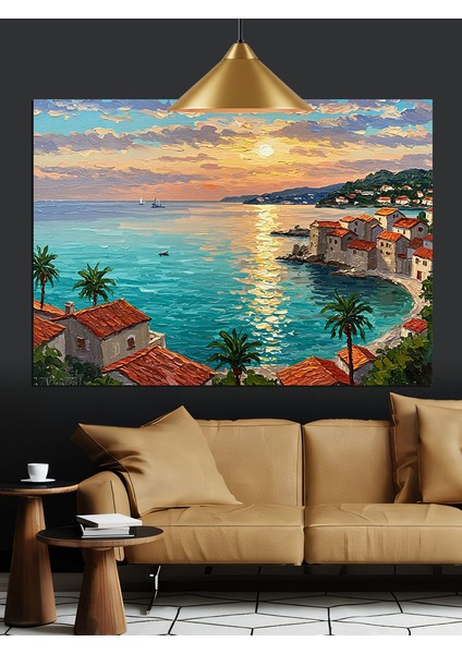 Akdeniz Sahili Kasaba Günbatımı Dekoratif Kanvas - Mdf Ahşap Tablo fiyatları