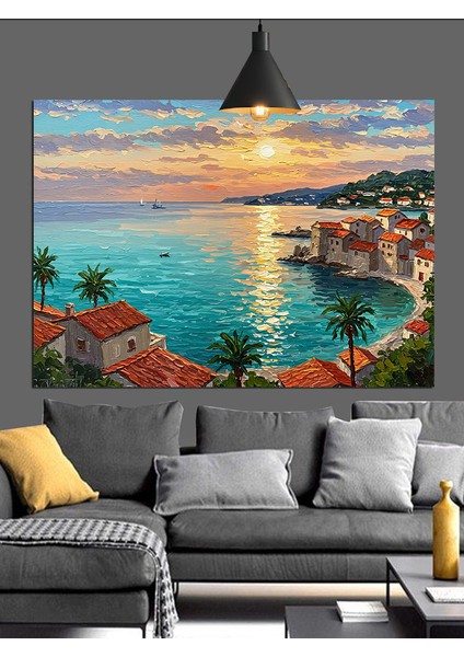 Akdeniz Sahili Kasaba Günbatımı Dekoratif Kanvas - Mdf Ahşap Tablo modelleri