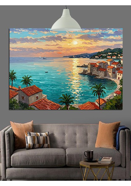 Akdeniz Sahili Kasaba Günbatımı Dekoratif Kanvas - Mdf Ahşap Tablo fırsatları