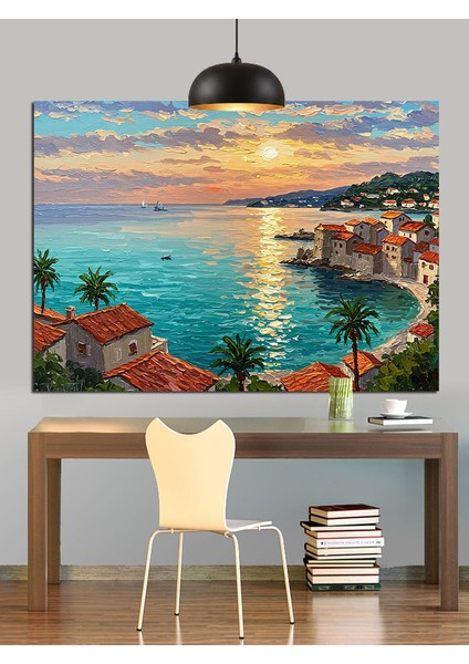 Akdeniz Sahili Kasaba Günbatımı Dekoratif Kanvas - Mdf Ahşap Tablo indirimleri