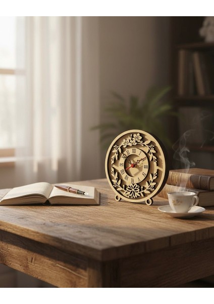 Doğal Ahşap Çiçek Desenli Masa Saati 20X20 Modern Tasarım