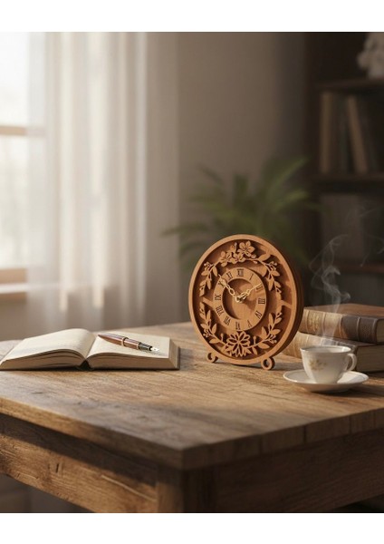 Doğal Ahşap Çiçek Desenli Masa Saati 20X20 Modern Tasarım modelleri