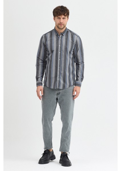 Erkek Dikine Çizgili Button Down Yaka Melanj Kışlık Pamuk Gömlek