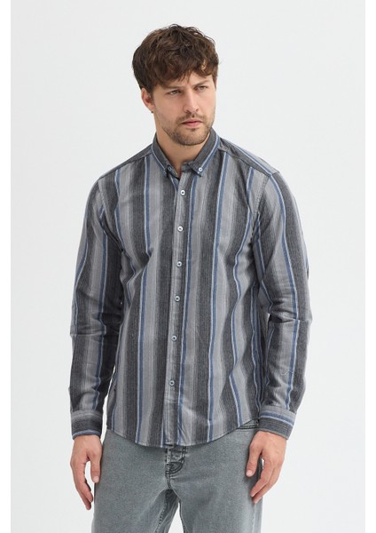 Erkek Dikine Çizgili Button Down Yaka Melanj Kışlık Pamuk Gömlek fiyatları