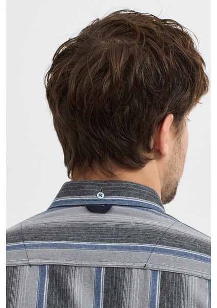 Erkek Dikine Çizgili Button Down Yaka Melanj Kışlık Pamuk Gömlek