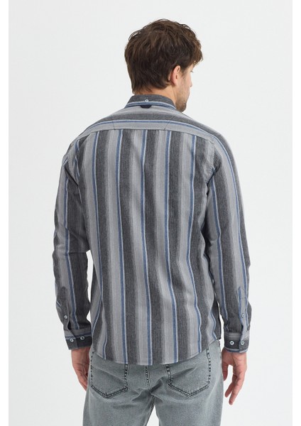 Erkek Dikine Çizgili Button Down Yaka Melanj Kışlık Pamuk Gömlek