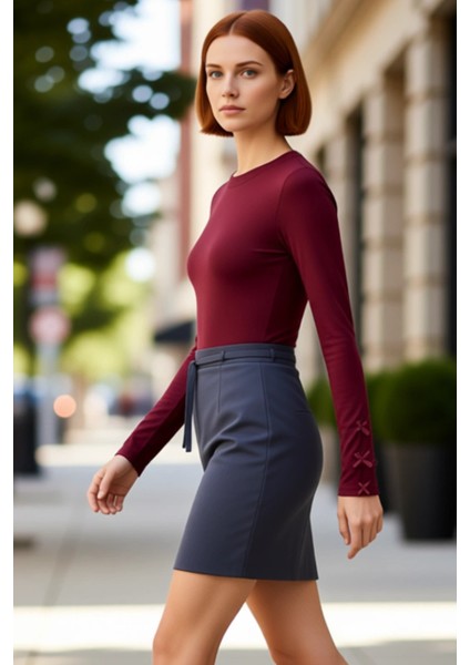 Kadın Bisiklet Yaka Uzun Kollu Kol Uçları Fiyonk Detaylı Vücuda Oturan Örme Kaliteli Şık