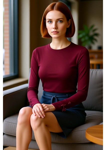 Kadın Bisiklet Yaka Uzun Kollu Kol Uçları Fiyonk Detaylı Vücuda Oturan Örme Kaliteli Şık fiyatları