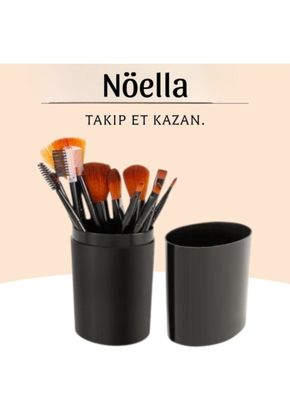 Profesyonel 12’li Makyaj Fırça Seti – Silindir Kutu | Sıyah Renk | Pudra, Allık, Far ve Kontür Fırçaları | Dökülme Yapmayan Yumuşak Kıllar