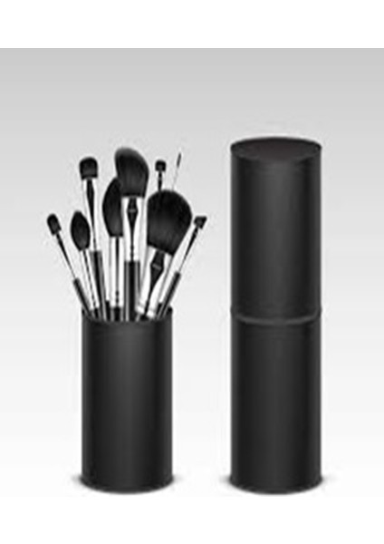 Profesyonel 12’li Makyaj Fırça Seti – Silindir Kutu | Sıyah Renk | Pudra, Allık, Far ve Kontür Fırçaları | Dökülme Yapmayan Yumuşak Kıllar