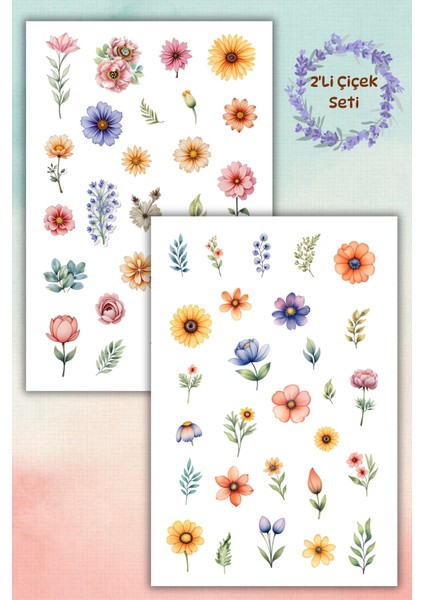 2'li Soft Çiçek ve Bitki Temalı Sticker Seti / Bullet Journal Scrapbook Kolaj Için Uygun