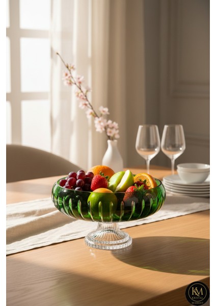 El Yapımı Kesme Kristal Vertical Desen 28 cm Dekoratif Sunumluk Ayaklı Sofra Sunum Kasesi